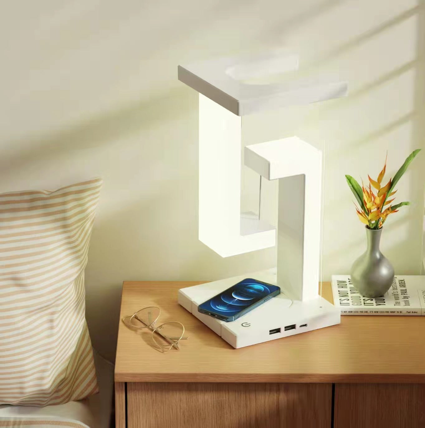 Floating Balance Table Lamp with Wireless Phone Charging – Modern LED Bedroom Light