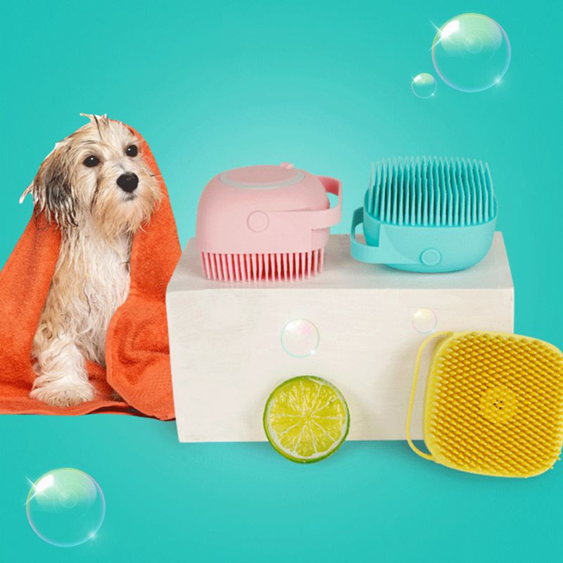 Silicone Pet Bath Brush with Shampoo Dispenser – Soft Bristle Grooming Scrubber