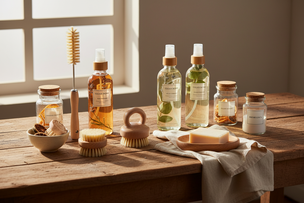 cleaning essentials with a brown sunny feel